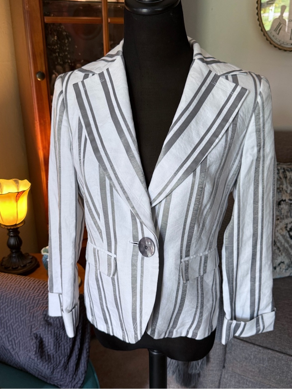 Talbots White and Gray Striped Single-Button Blazer
